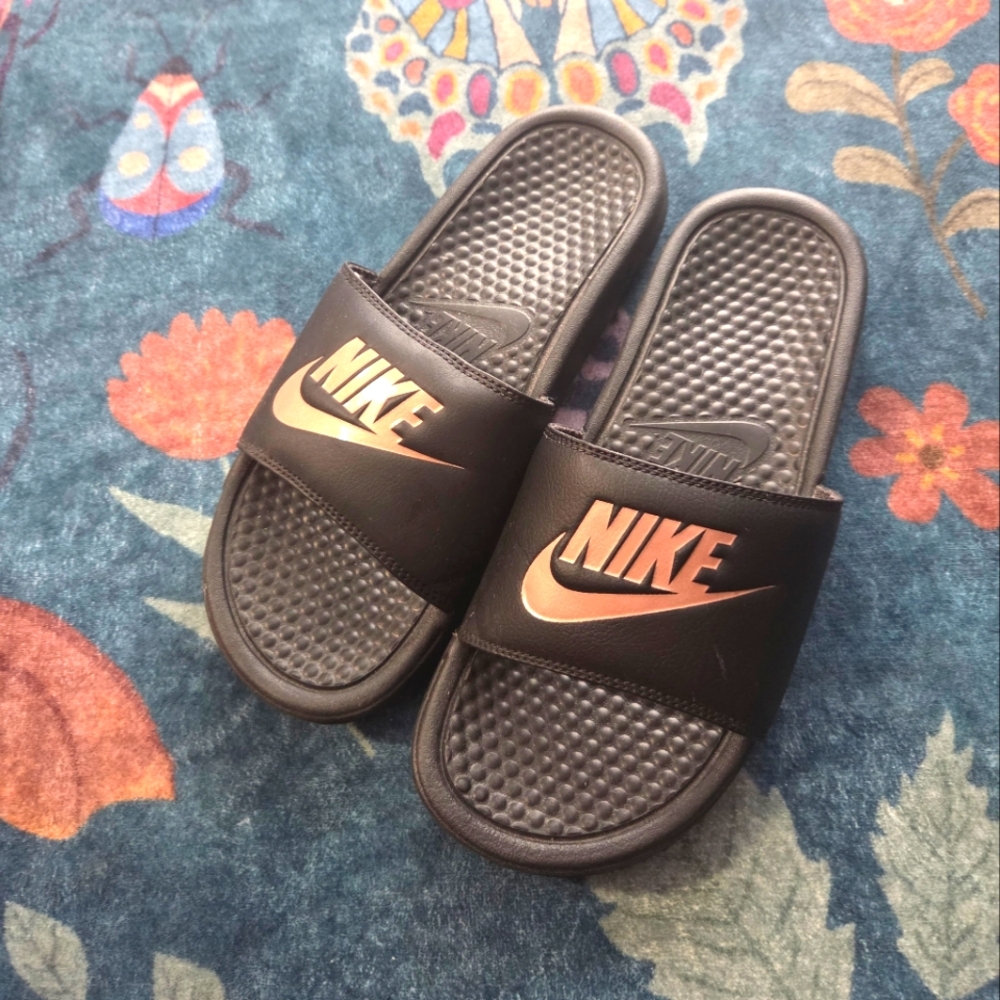 Nike Black and Pink Slide Sandals